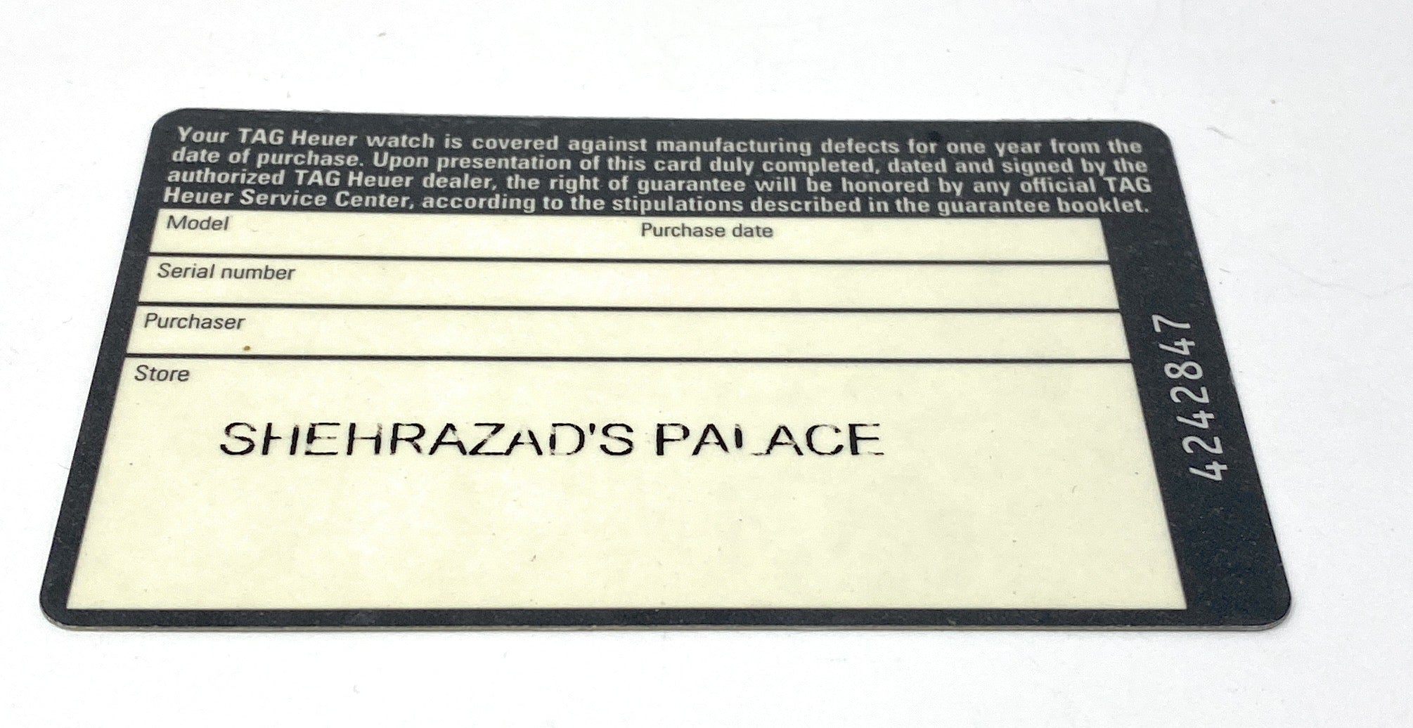 Tag Heuer International Guarantee 1 Year Warranty Card