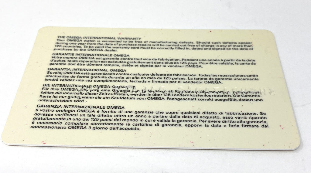 Omega International 1 Year Warranty Card 2011 New