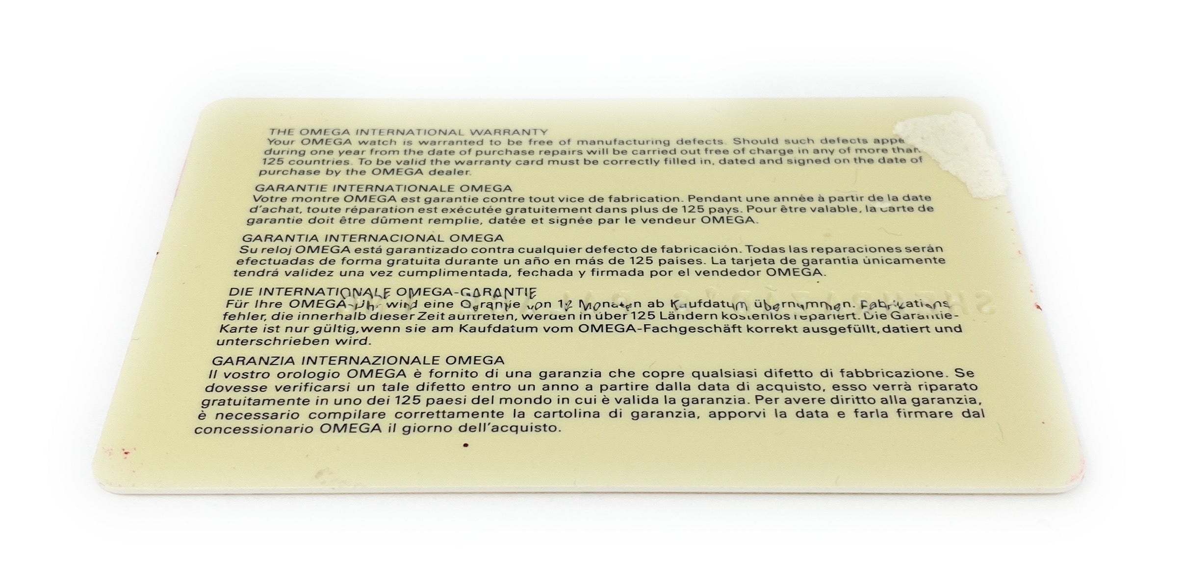 Omega International 1 Year Warranty Card 2011 Used