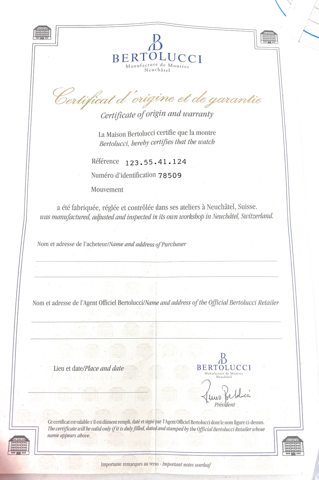 Bertolucci Certificate of Warranty