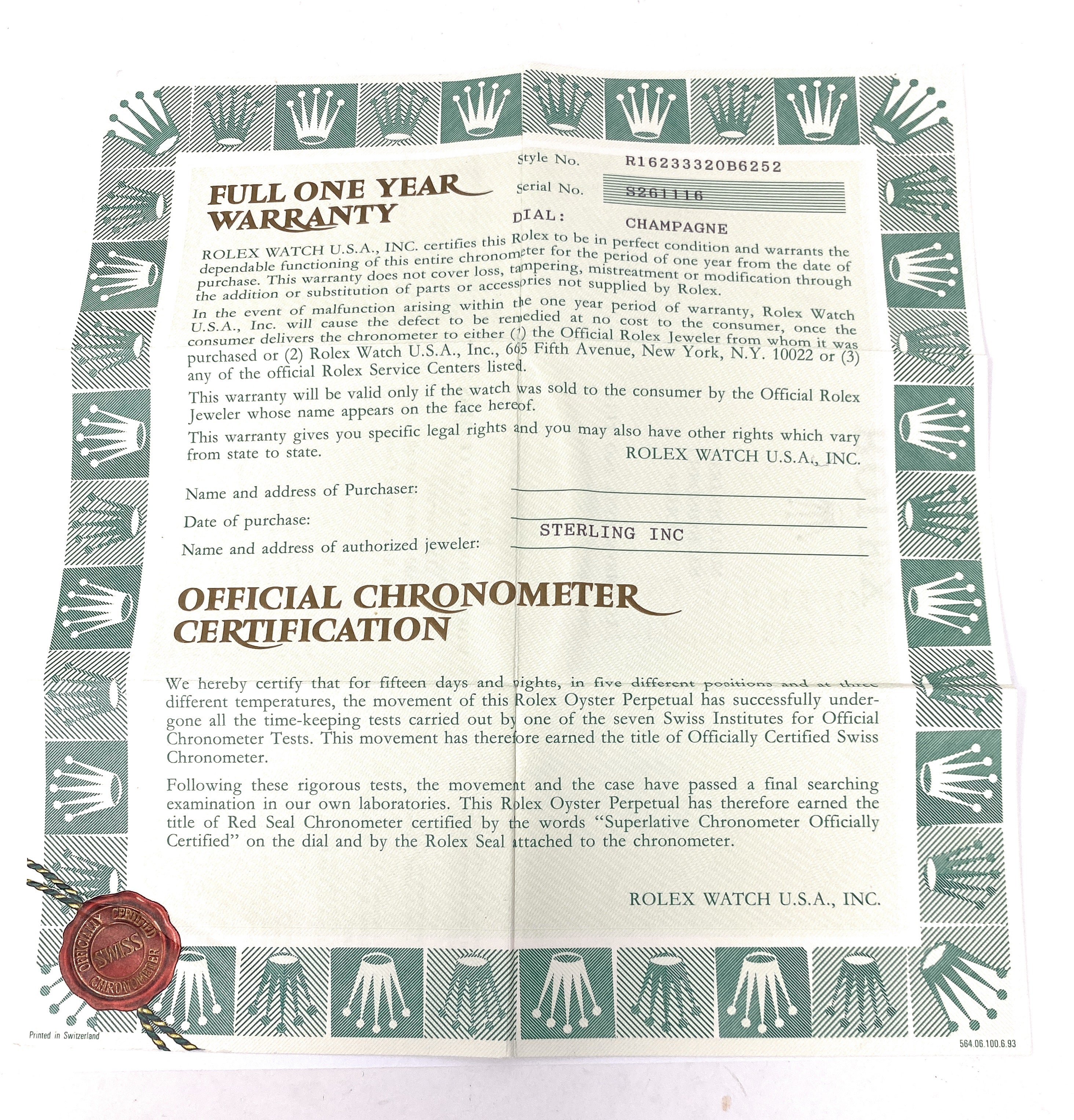 Rolex Packet with Service Booklet, 1 Year Warranty Certificate and Factory Service Booklet