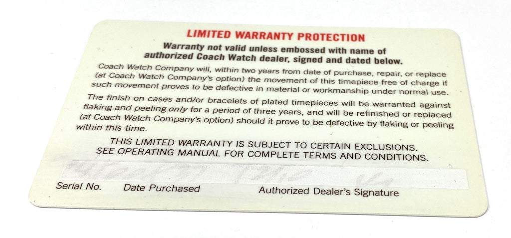 Coach Watches 2 Year Warranty Card