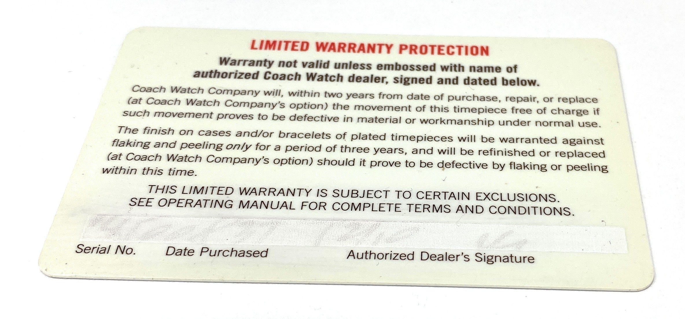 Coach Watches 2 Year Warranty Card