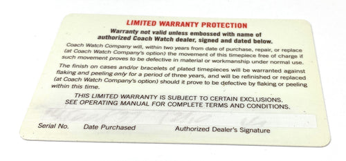 Coach Watches 2 Year Warranty Card